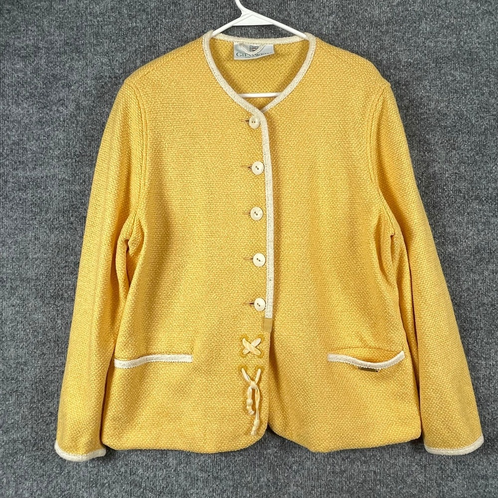 VTG Giesswein Sweater Womens 14 44 Yellow Cardigan Wool Blend Pockets Austria